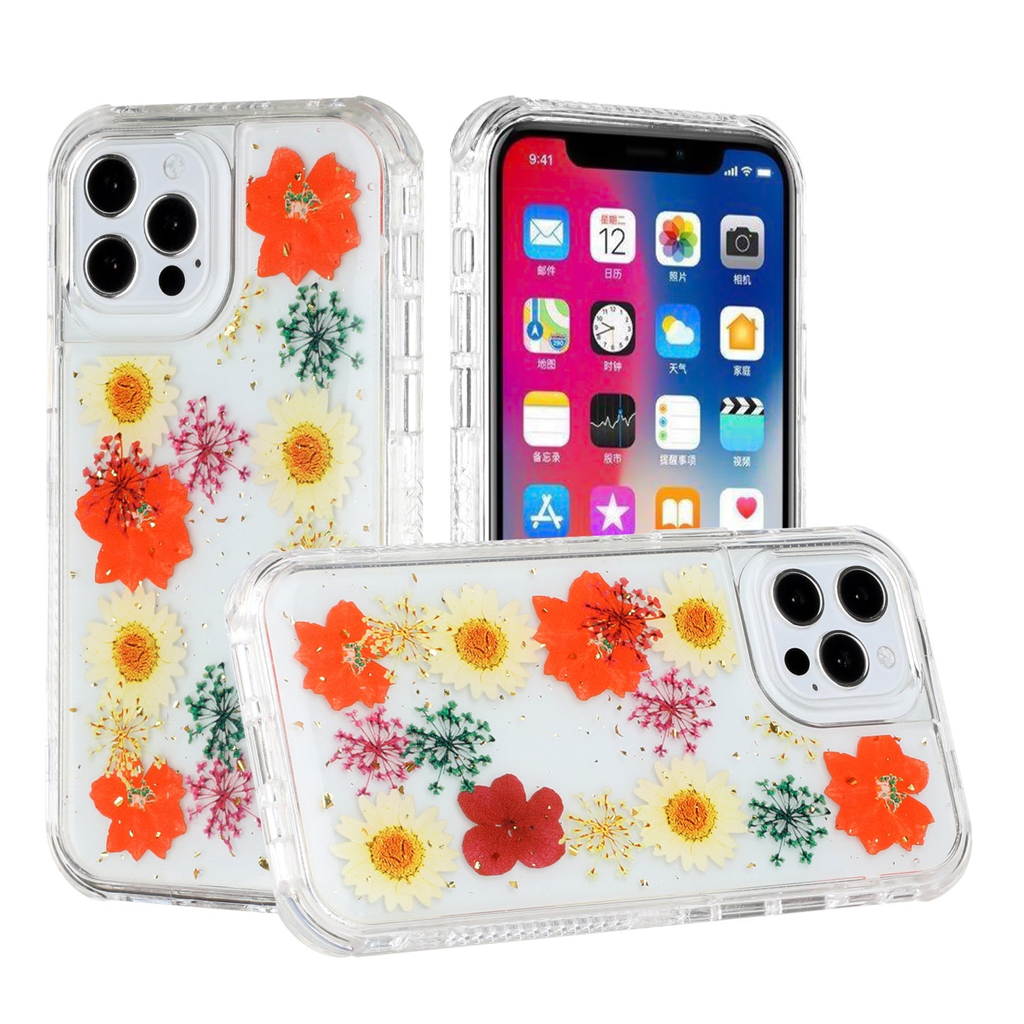 For Apple iPhone 14 Pro (6.1") Sparkle Glitter Floral Epoxy Design Shockproof Hybrid Fashion Bling Rubber TPU Hard  Phone Case Cover