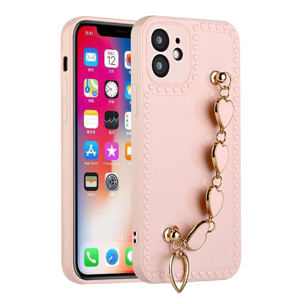 For Apple iPhone 12 Pro Max (6.7") Hybrid Soft TPU Rubber Cute Pattern with Love Heart Chain Wristband Bracelet Strap Protective  Phone Case Cover