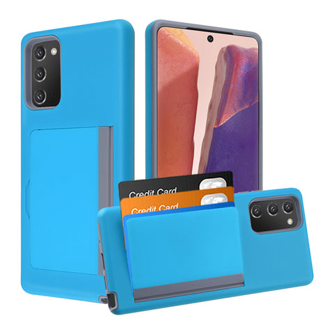 For Samsung Galaxy Note 20 (6.4") Credit Card Wallet Back Storage Invisible Pocket Dual Layer Hard PC TPU Hybrid Protective Blue Phone Case Cover