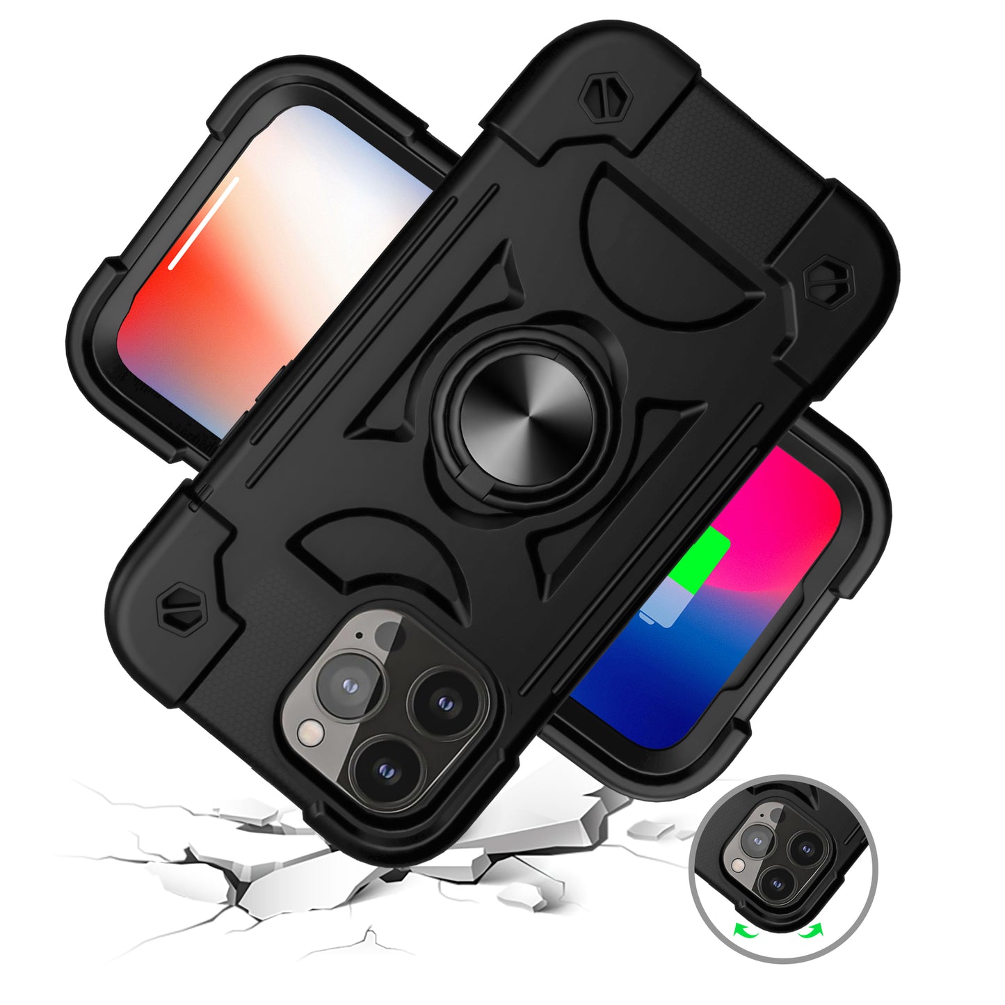 For Apple iPhone SE 3 (2022) SE/8/7 Thick 3in1 Hybrid Rugged TPU Shock-Absorbing with Rotatable Double Rings Kickstand  Phone Case Cover