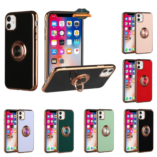 For Apple iPhone 13 Mini (5.4") Slim Hybrid Metal Finger Ring Stand Electroplated Edges TPU Frame Shock-Absorption Bumper  Phone Case Cover
