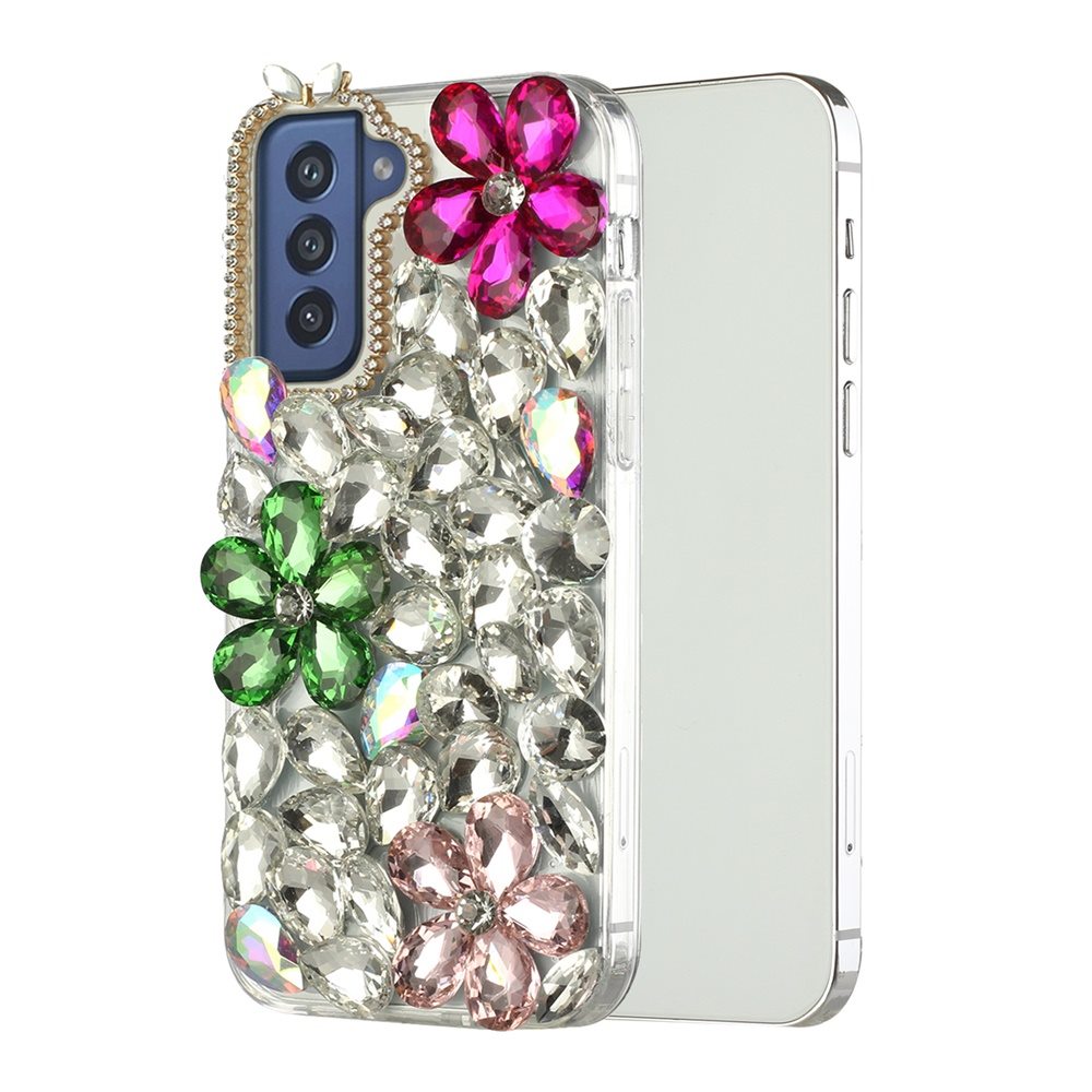 For Samsung Galaxy S21 Luxury Bling Clear Crystal 3D Full Diamonds Luxury Sparkle Rhinestone Hybrid Protective Pink/ Neon Green Phone Case Cover