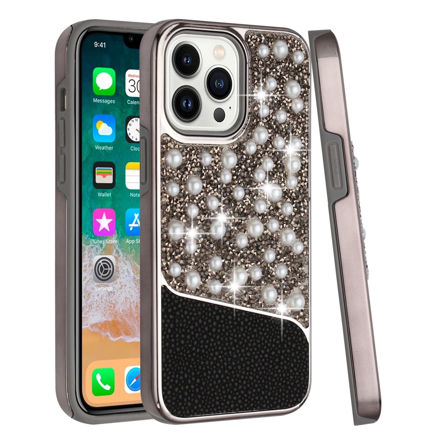 For Apple iPhone 14 Pro (6.1") Bling Pearl Diamonds Design Glitter Hybrid Thick Hard TPU Shiny Protective Rubber Frame  Phone Case Cover