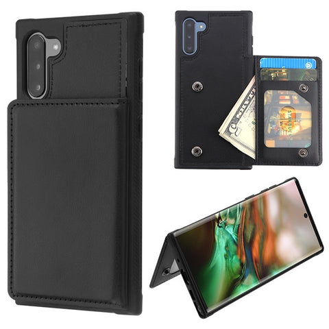 For Samsung Galaxy Note 10 (6.3) Credit Card Wallet Back Storage Invisible Pocket PU Leather Hard PC TPU Hybrid Black Phone Case Cover