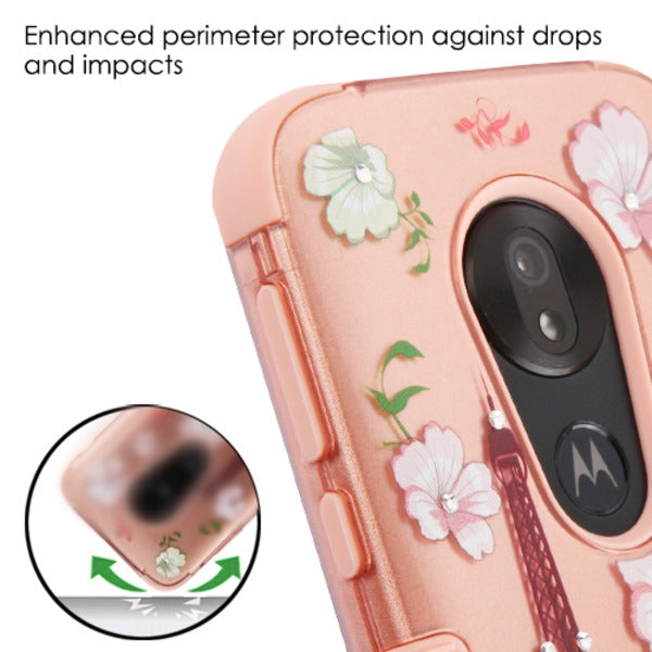 For Motorola Moto G7 Play Bling Hybrid Three Layer Hard PC Shockproof Heavy Duty TPU Rubber Anti-Drop Eiffel Tower in the Season of Blooming 2D Phone Case Cover