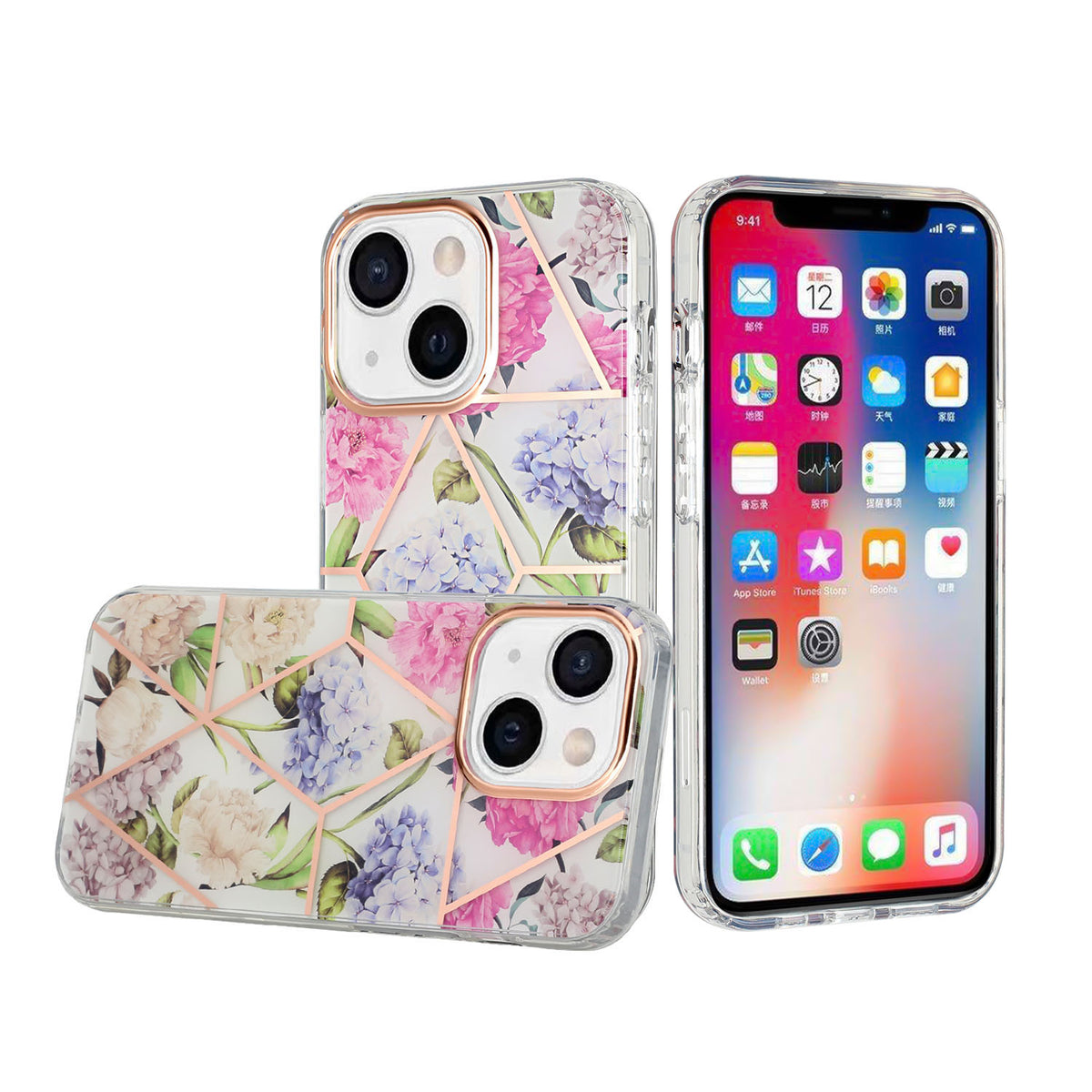 For Apple iPhone 14 Pro (6.1") Fashion Floral IMD Design Flower Pattern Hybrid Protective Hard Rubber TPU Back  Phone Case Cover