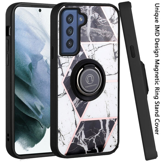 For Samsung Galaxy S22 Plus Marble Design with Magnetic Ring Kickstand Holder Hybrid TPU Hard PC Shockproof Armor Classy Black Phone Case Cover