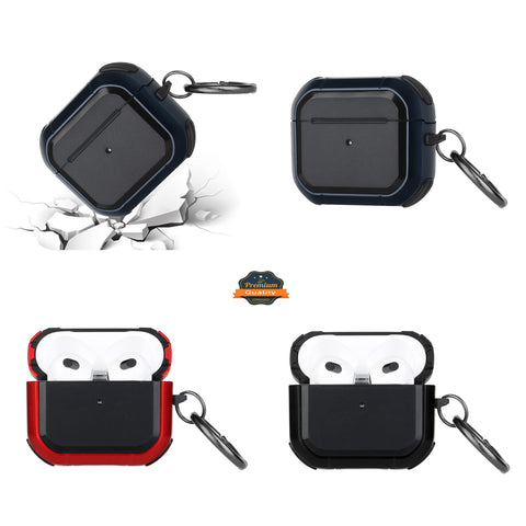 For Apple AirPods 3 (2021) Heavy Duty Hybrid 2 in 1 Shockproof Full Protective Hard PC+Soft Rubber Silicone Skin with Keychain  Phone Case Cover