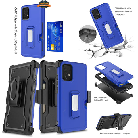 For Apple iPhone 14 (6.1") Armor Belt Clip with Credit Card Holder ID Slot, Holster, Kickstand Protective Heavy Duty Hybrid Blue Phone Case Cover