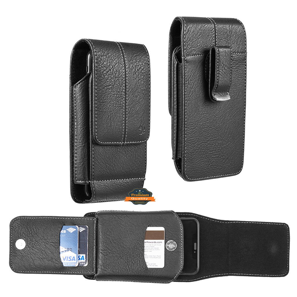 For Samsung Galaxy A23 5G Universal Vertical Leather Case Holster with 360° Rotation Belt Clip & 3 Credit Card Slots Phone Carrying Pouch [Black]