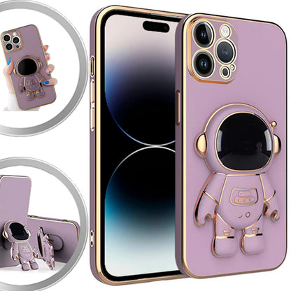 For Apple iPhone 14 /Plus Pro Max Astronaut Hidden Stand Holder Plating Hybrid Electroplated Bumper Shockproof Armor Cute  Phone Case Cover