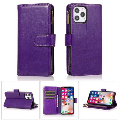 For Apple iPhone 14 (6.1") Leather Zipper Wallet Case 9 Credit Card Slots Cash Money Pocket Clutch Pouch, Stand & Strap  Phone Case Cover
