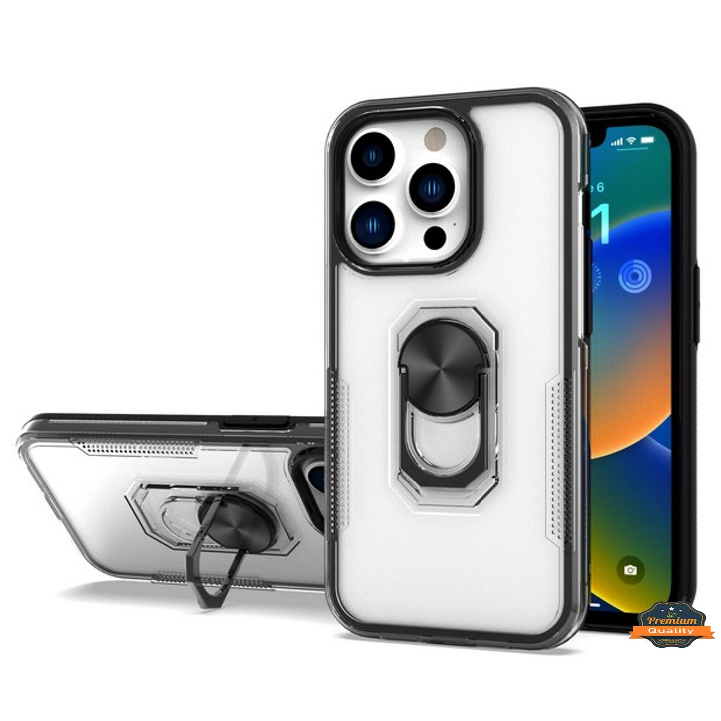 For Apple iPhone 14 /Plus Pro Max Transparent Hybrid PC Magnetic Ring Stand (Fit Car Mount) Detachable Frame  Phone Case Cover