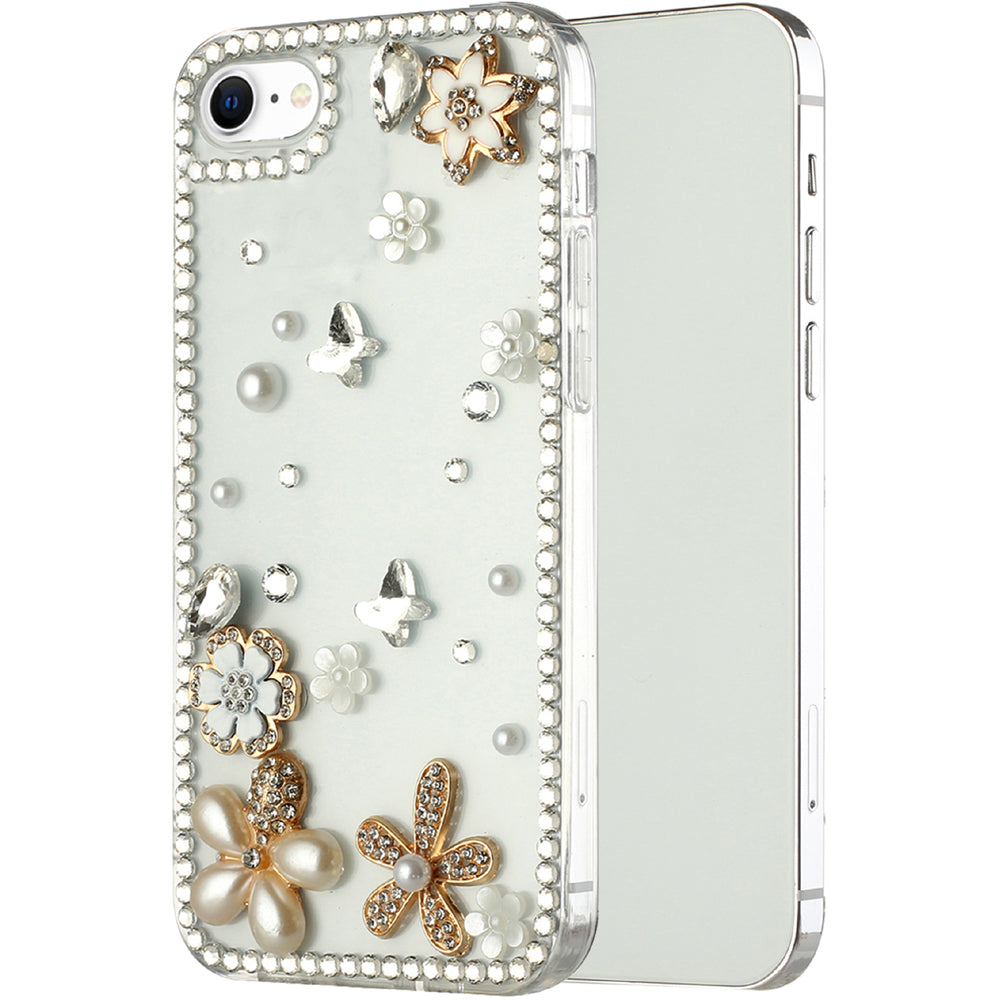 For Apple iPhone SE 3 (2022) SE/8/7 Bling Clear Crystal 3D Full Diamonds Luxury Sparkle Rhinestone Hybrid White Flower Butterfly Phone Case Cover