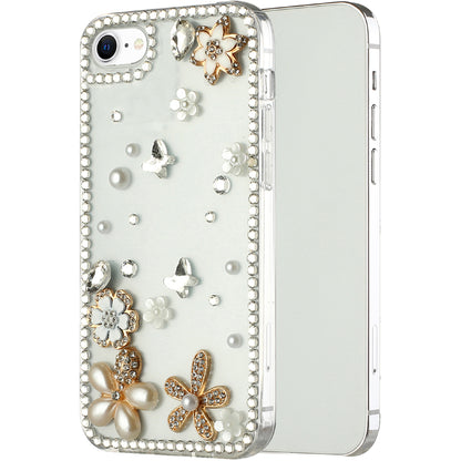 For Apple iPhone SE 3 (2022) SE/8/7 Bling Clear Crystal 3D Full Diamonds Luxury Sparkle Rhinestone Hybrid White Flower Butterfly Phone Case Cover