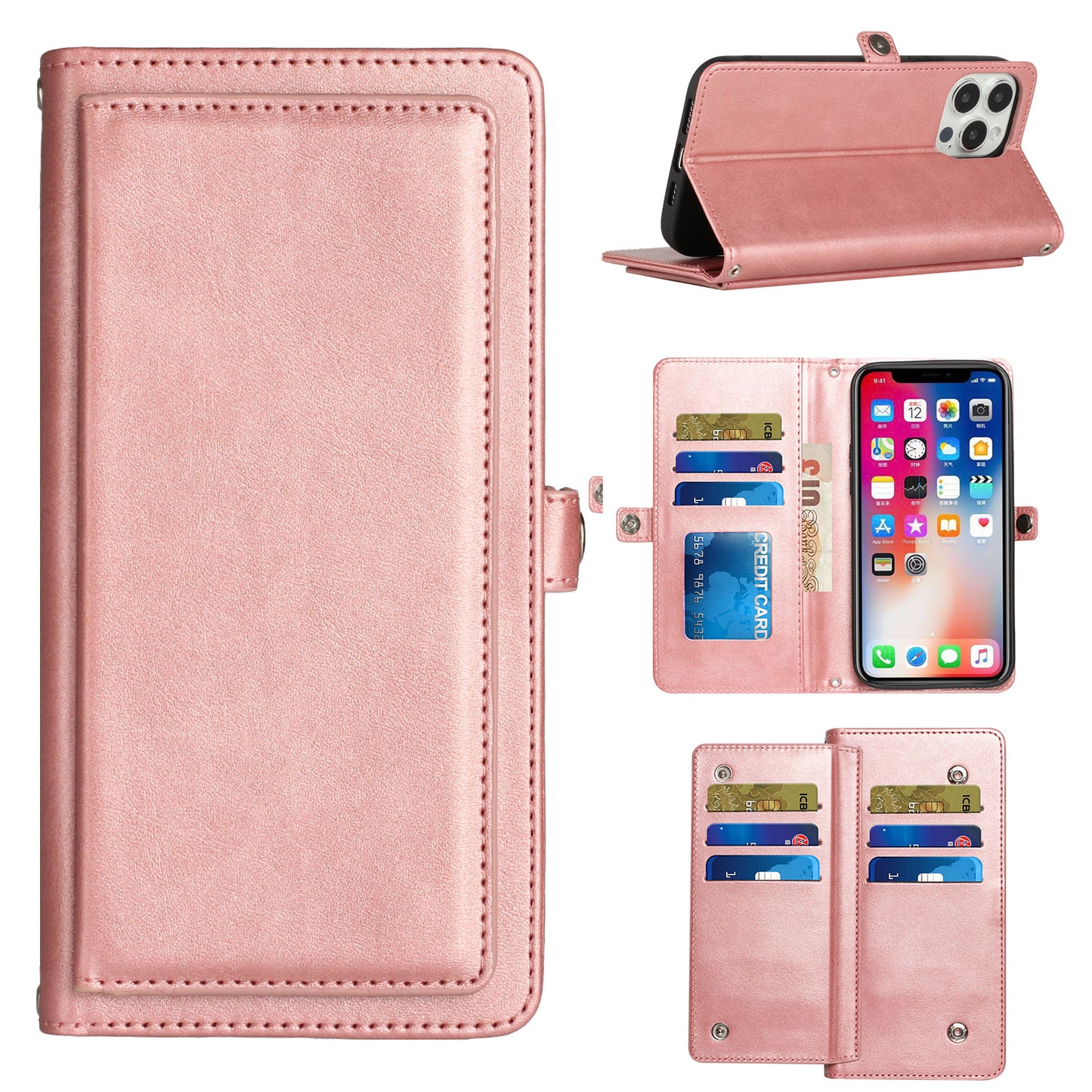 For Apple iPhone 13 Pro Max Ultra Luxury 9 ID Cash Credit Card Slots Holder Carrying Pouch Folio Flip PU Leather Kickstand  Phone Case Cover